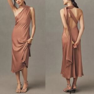 BHLDN Anthropologie Nicoletta One Shoulder Scarf Satin Midi Dress Cedar Brown XL